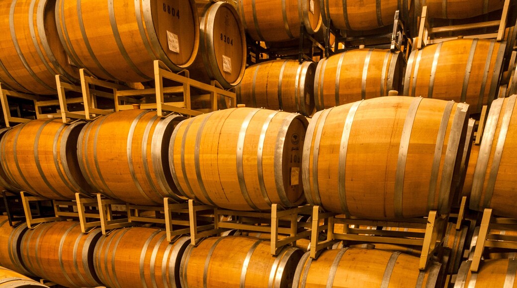 USA, Washington, Yakima Valley. Wine matures in the barrel room of an Eastern Washington winery.