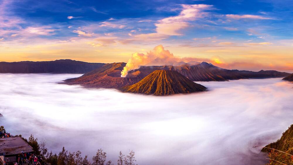 Mount Bromo volcano (Gunung Bromo) during sunrise from viewpoint on Mount Penanjakan in Bromo Tengger Semeru National Park, East Java, Indonesia.