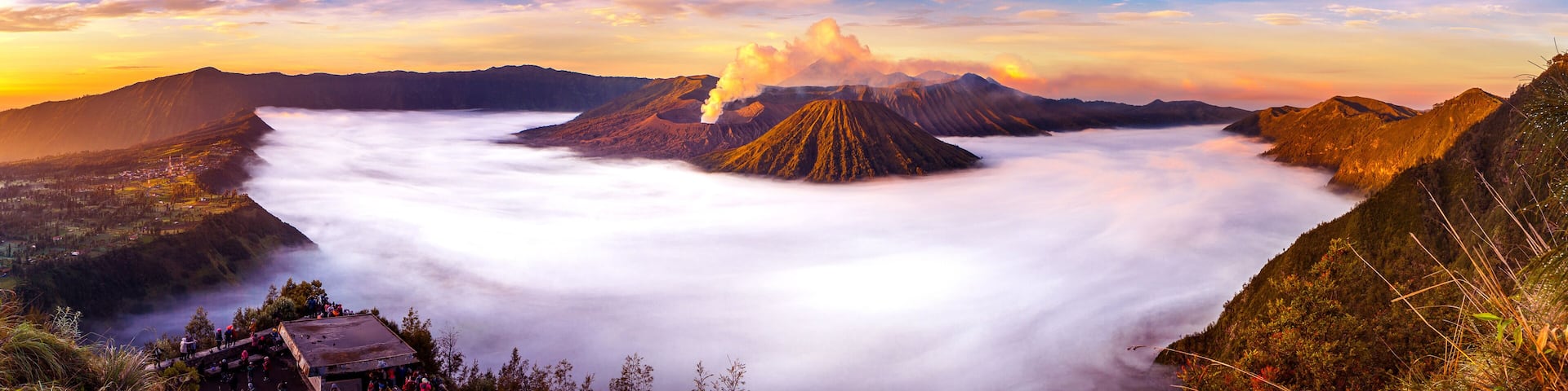 Mount Bromo volcano (Gunung Bromo) during sunrise from viewpoint on Mount Penanjakan in Bromo Tengger Semeru National Park, East Java, Indonesia.