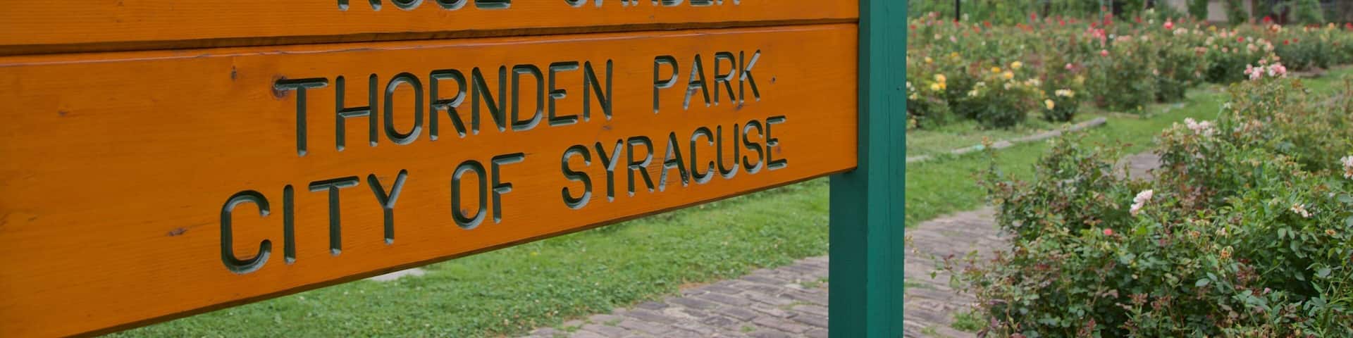 E.M. Mills Rose Garden showing a garden and signage