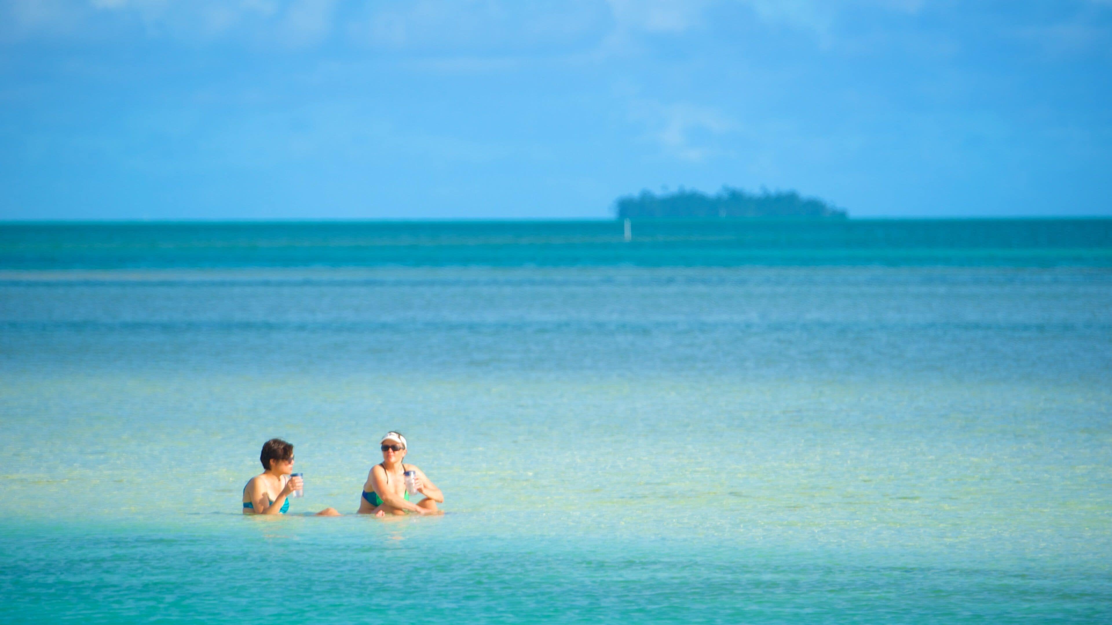 Two people in shallow water with a clear view of the ocean and a distant island.