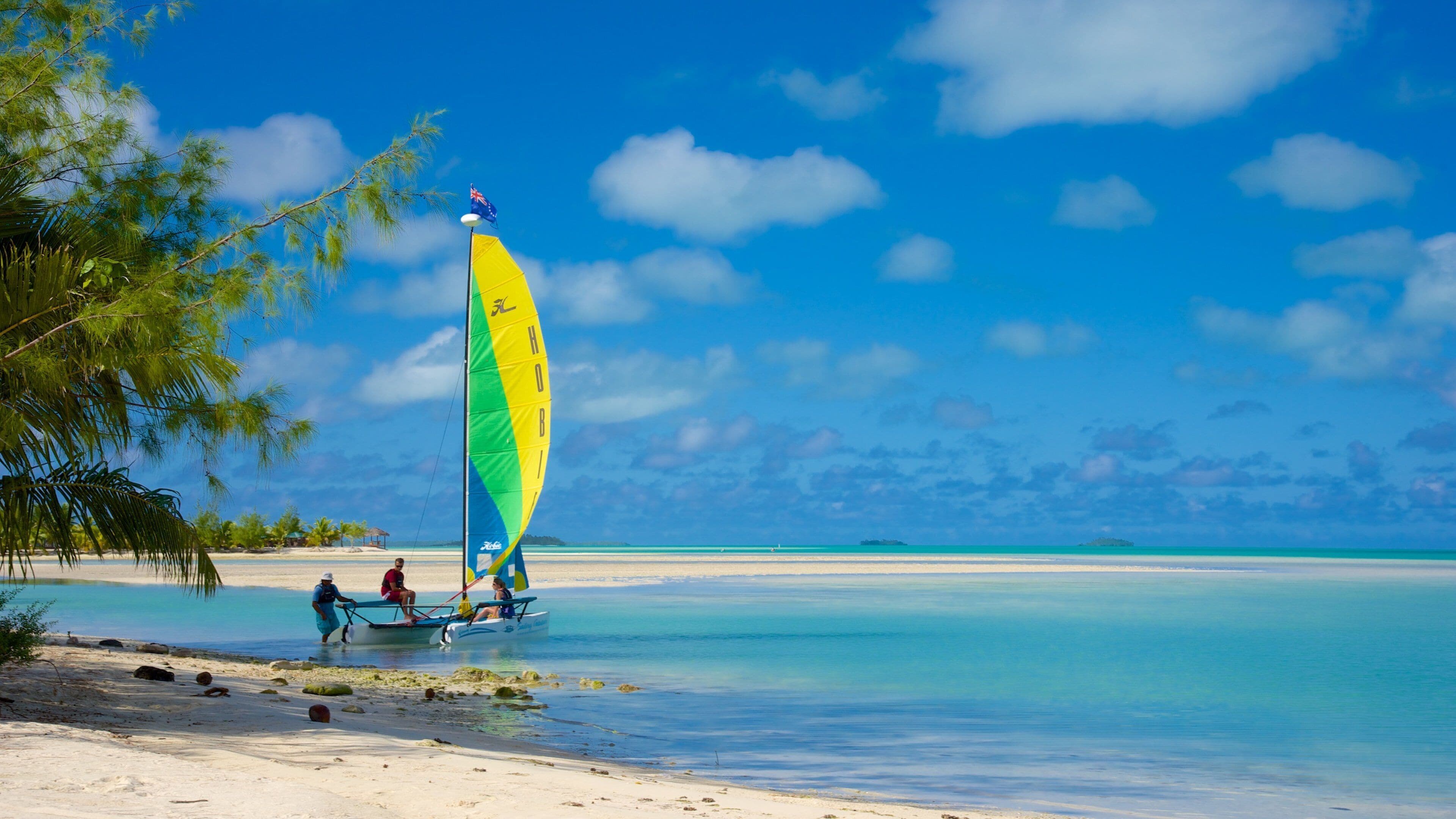 A sailboat with a colorful sail on a beach with clear turquoise water and palm trees.