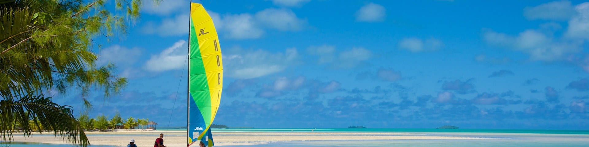 Um veleiro com vela colorida numa praia com águas turquesa cristalinas e palmeiras.