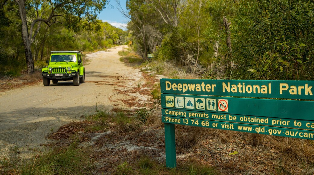 Deepwater National Park which includes forest scenes, off road driving and signage