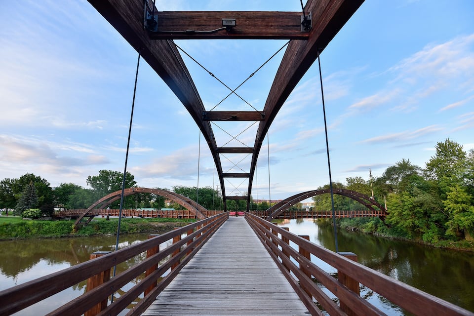 Un pont piétonnier en bois enjambe une rivière paisible, entouré d’une végétation luxuriante et d’arbres.