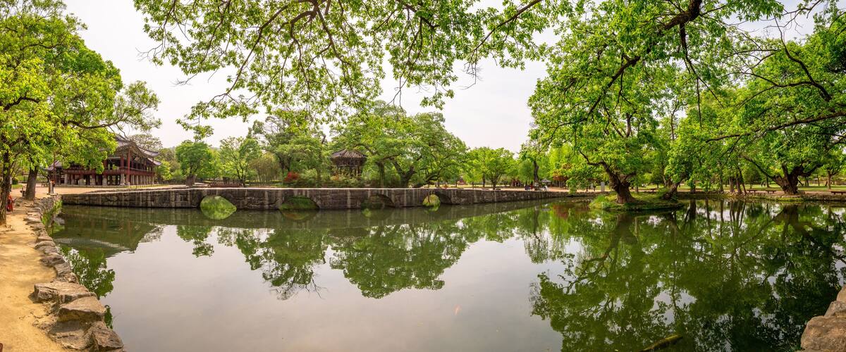 Traditional Gwanghalluwon Pavilion scene in spring