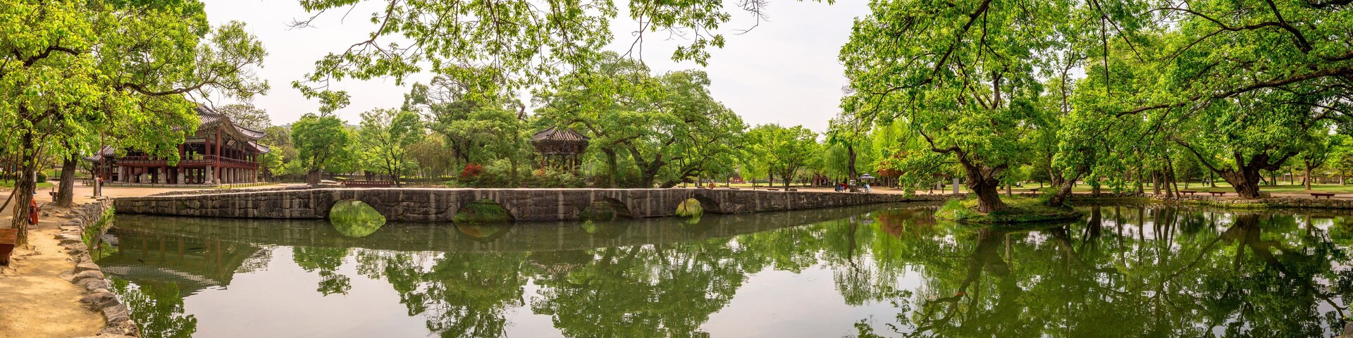 Traditional Gwanghalluwon Pavilion scene in spring