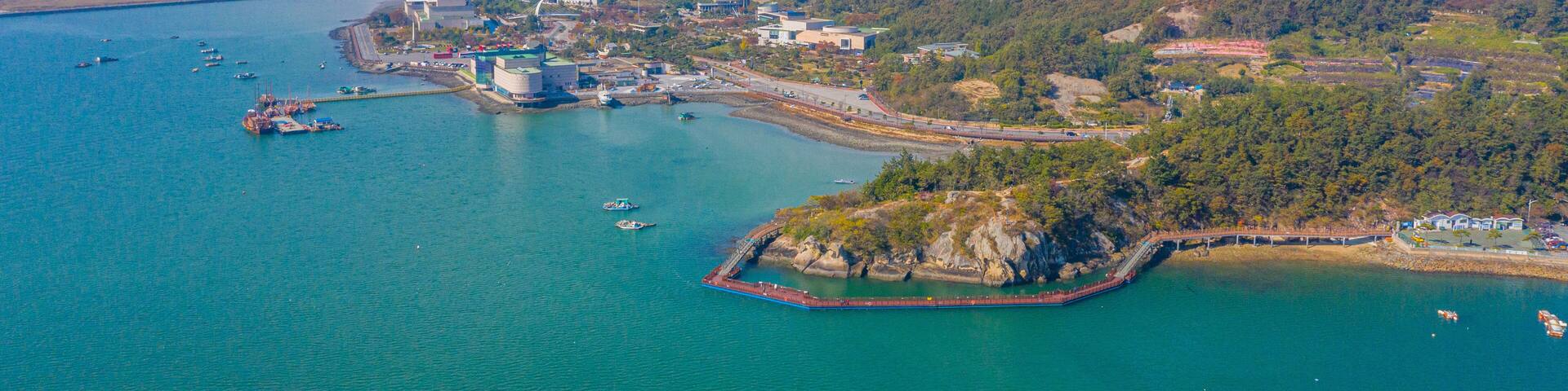 Un paisaje urbano costero con una bahía, barcos y una colina destacada con edificios.