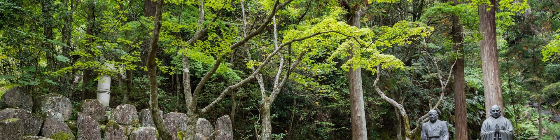 A serene cemetery with stone headstones and statues in a lush forest.
