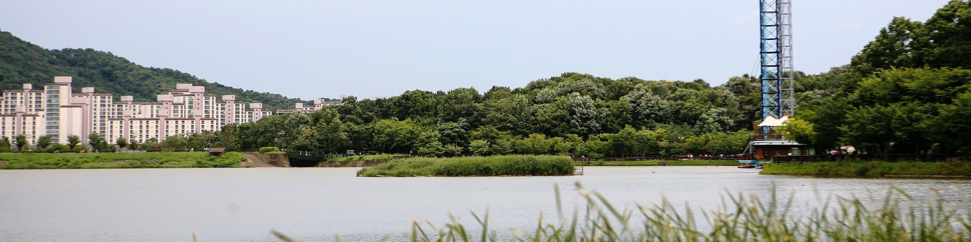 Un lago tranquilo con una alta torre de observación y edificios residenciales al fondo.