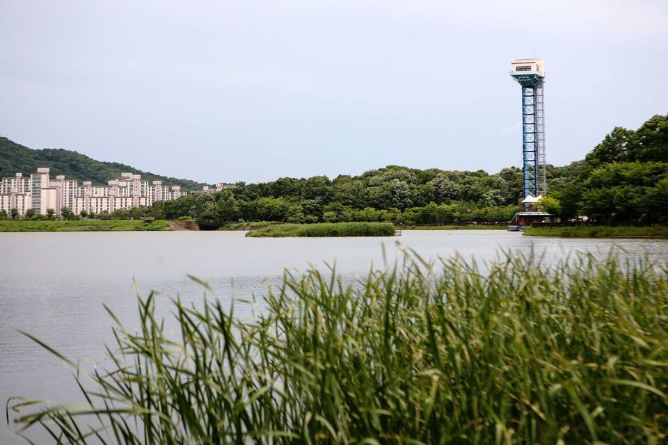 Un llac tranquil amb una alta torre d'observació i edificis residencials al fons.