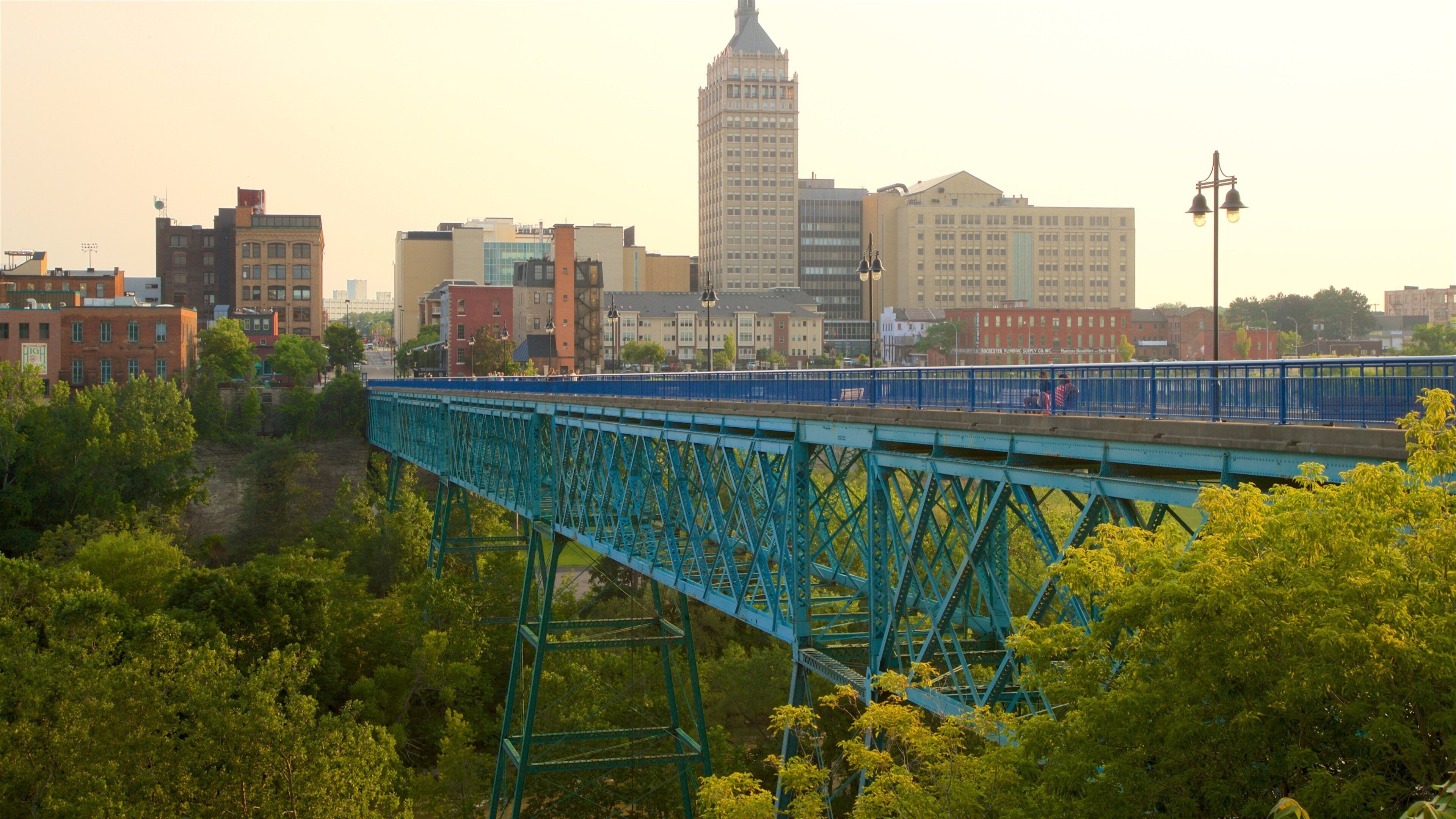 A blue bridge over a river with a city skyline in the background.