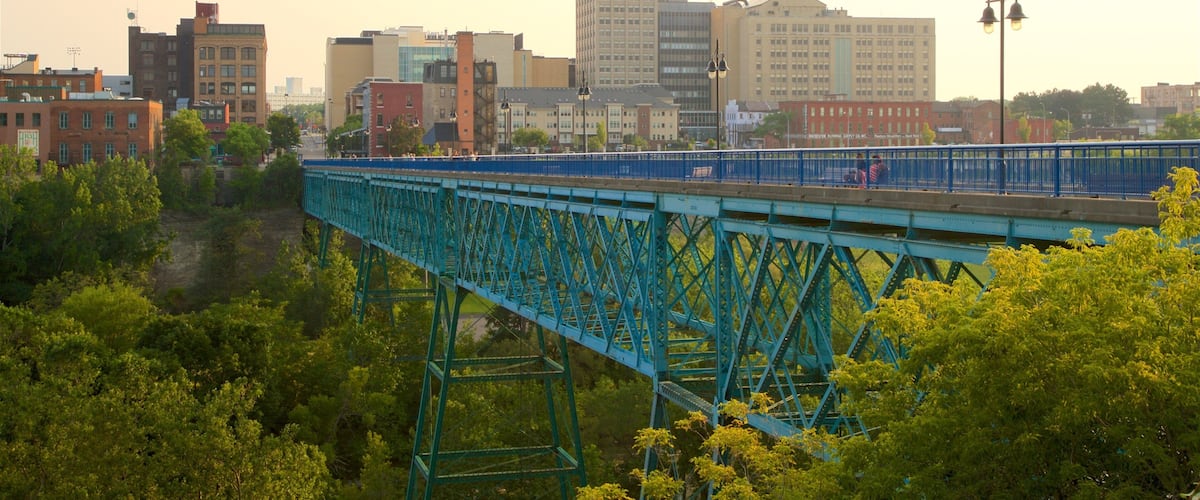 A blue bridge over a river with a city skyline in the background.