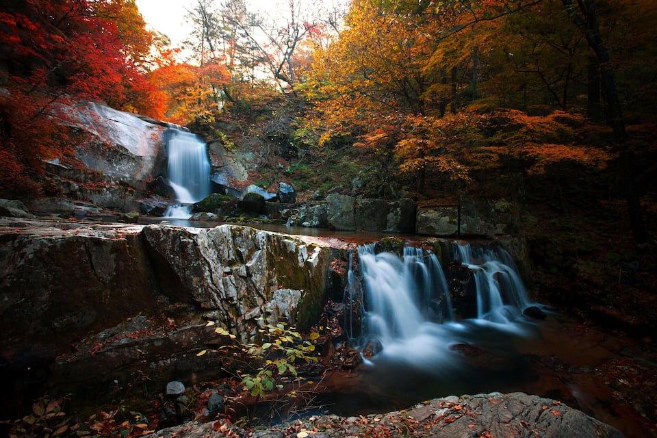 A waterfall in a forest with autumn foliage.