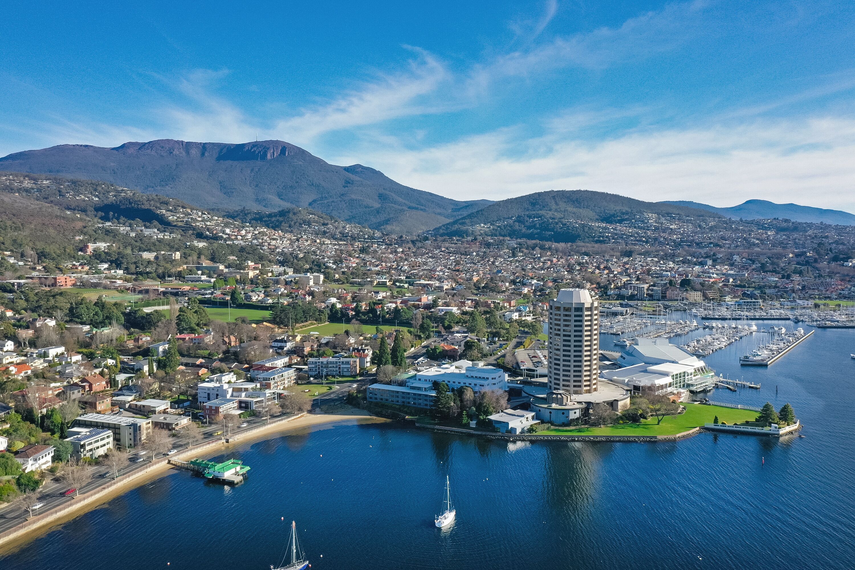 Aerial view of Hobart, showing the Derwent River, Casino and Mt Wellington in Tasmania, Australia