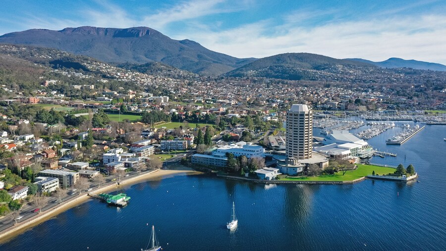 Aerial view of Hobart, showing the Derwent River, Casino and Mt Wellington in Tasmania, Australia