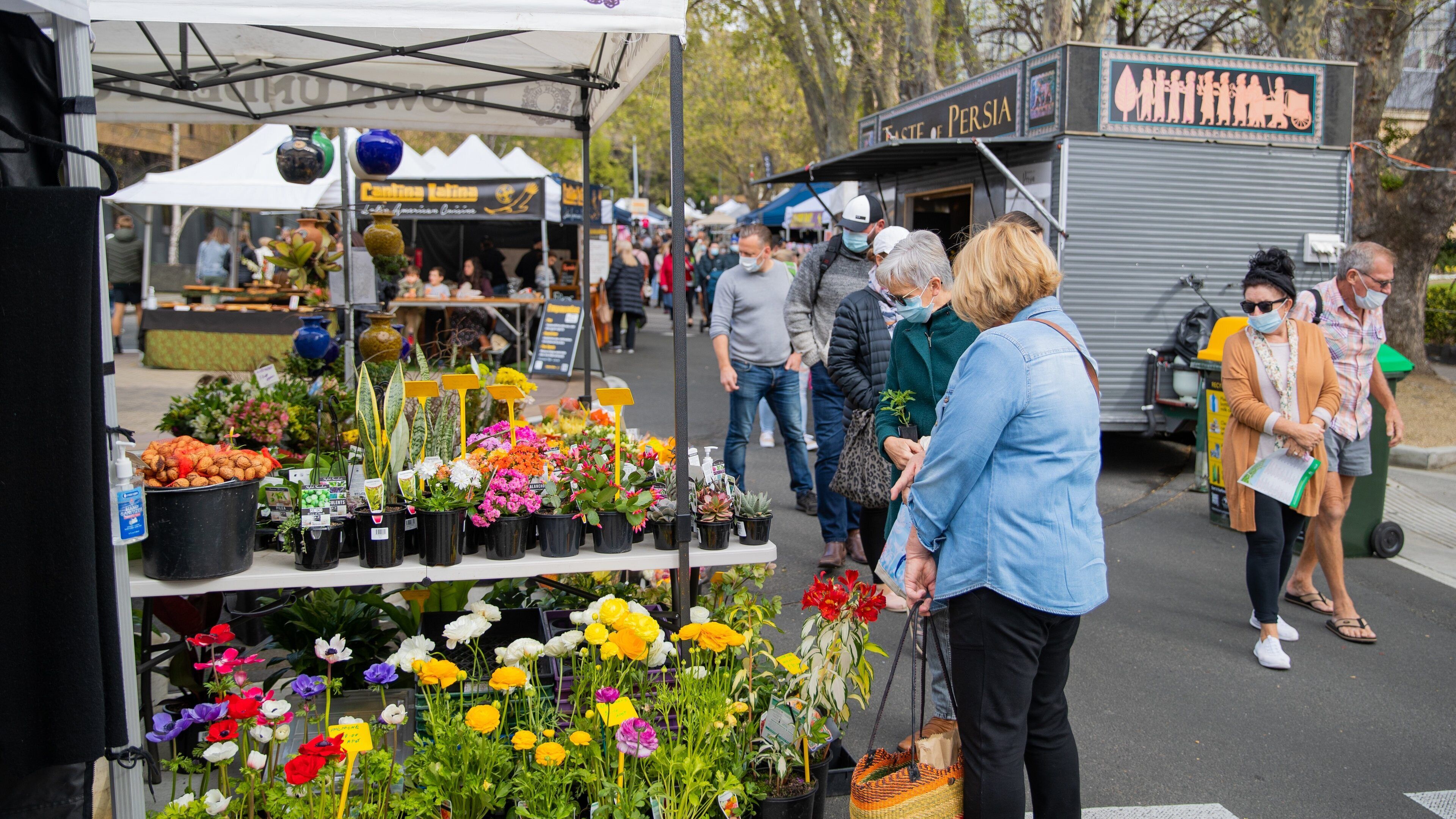 Salamanca Market featuring markets, street scenes and flowers