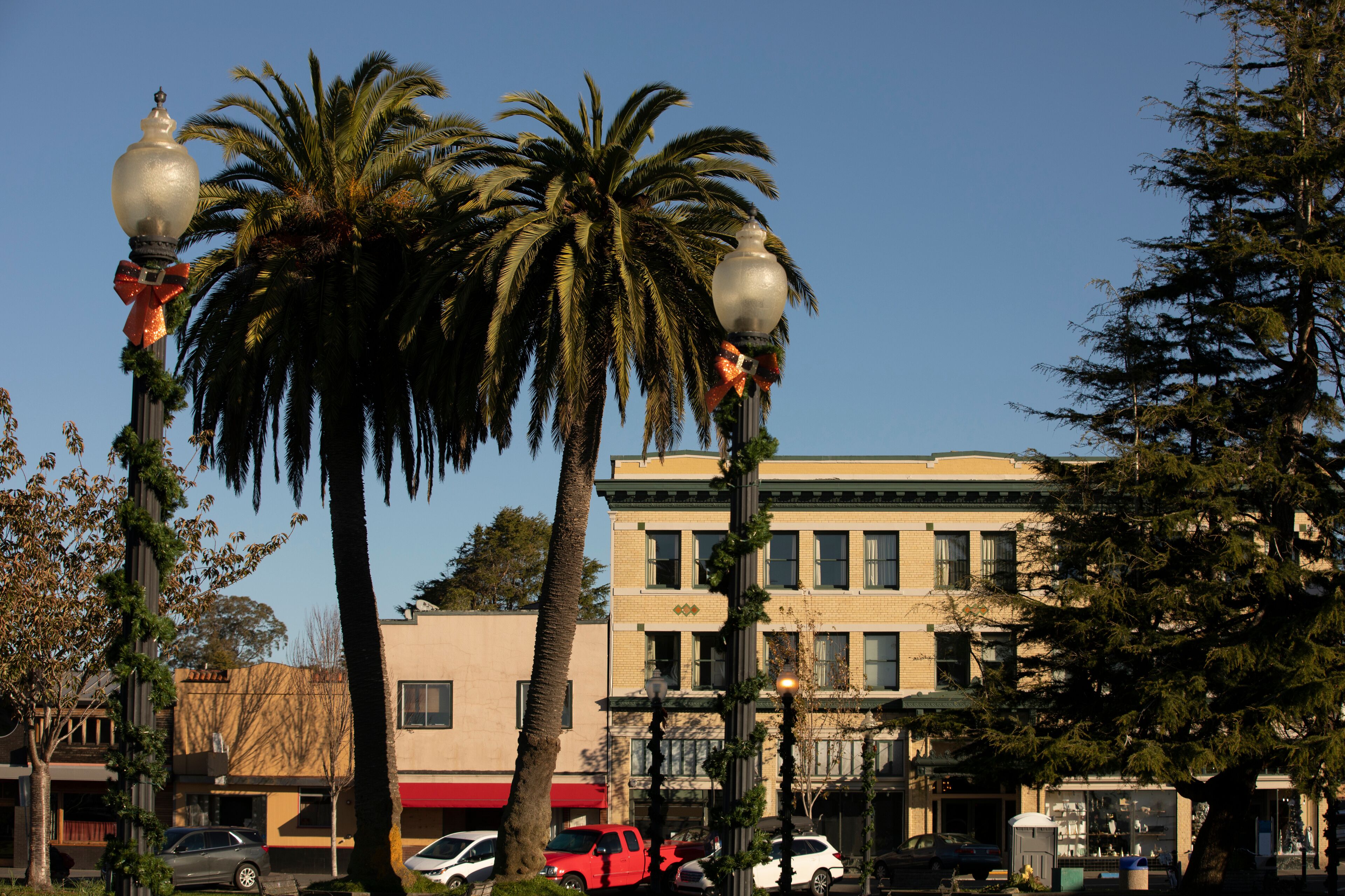 Arcata, California, USA - November 22, 2021:  Morning light illuminates beautiful historic downtown Arcata.