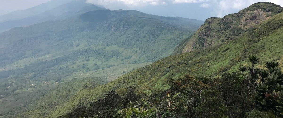 A mountainous landscape with lush green vegetation and a clear blue sky.