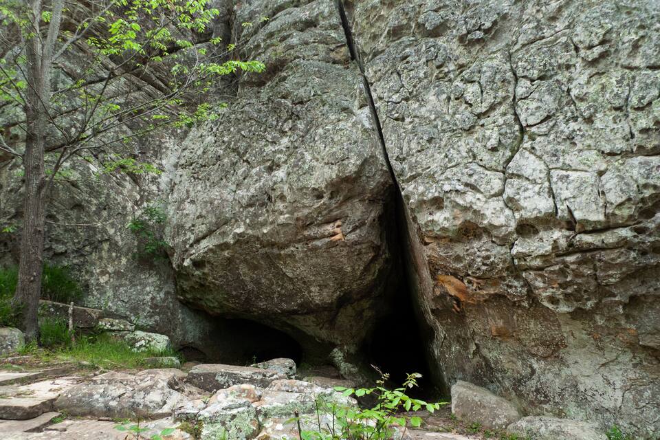 A large rock formation with a cave entrance surrounded by trees and greenery.