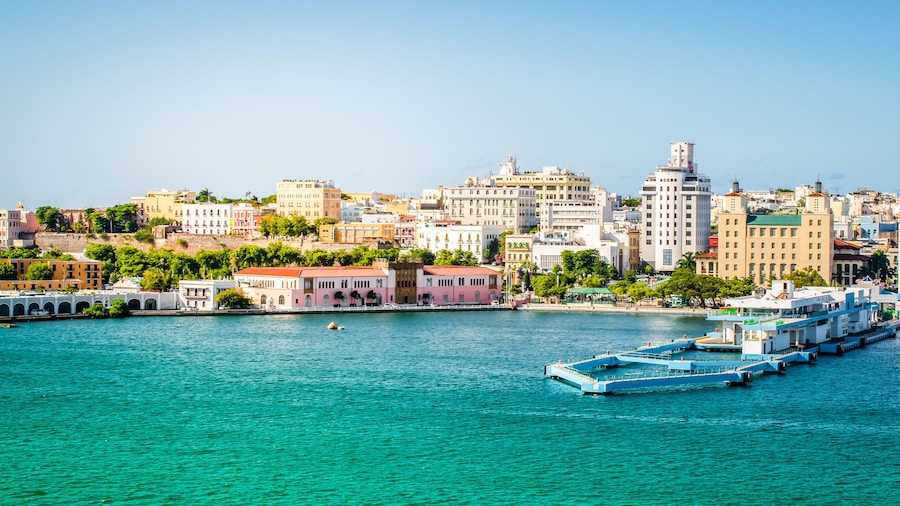 Port and skyline of San Juan, Puerto Rico. Panoramic landscape view.