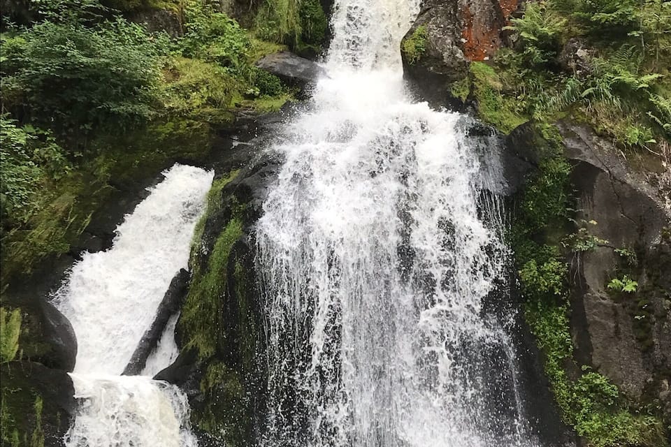 A multi-tiered waterfall surrounded by lush greenery and moss-covered rocks.