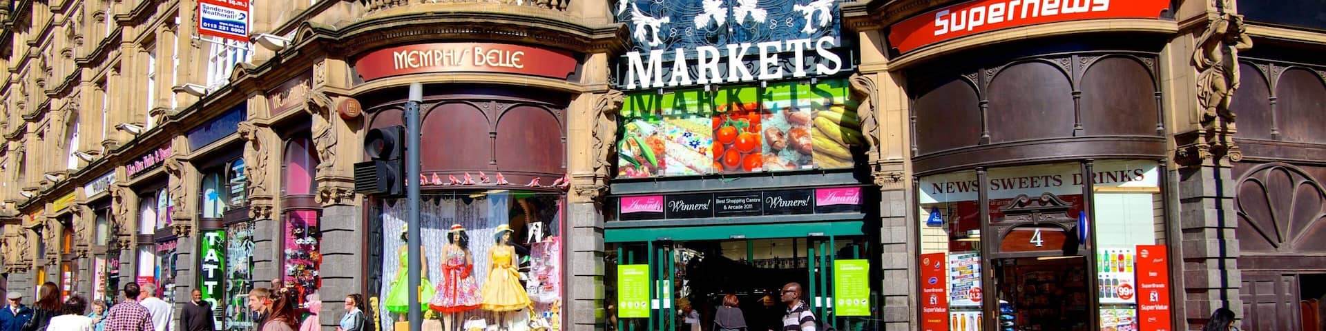 Leeds featuring heritage elements, signage and markets