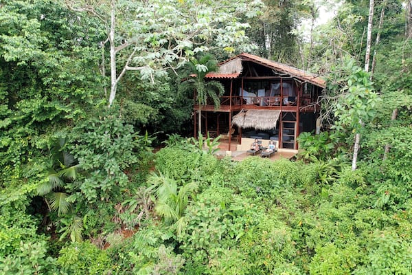 A rustic wooden house surrounded by dense tropical foliage.