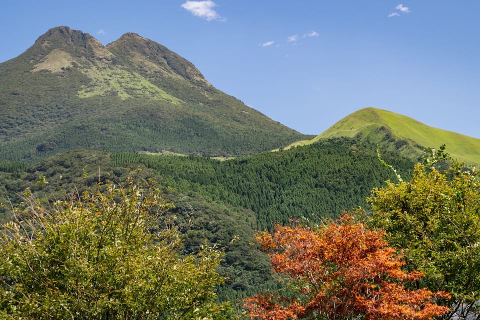 A mountain range with dense forests and autumn-colored trees in the foreground.