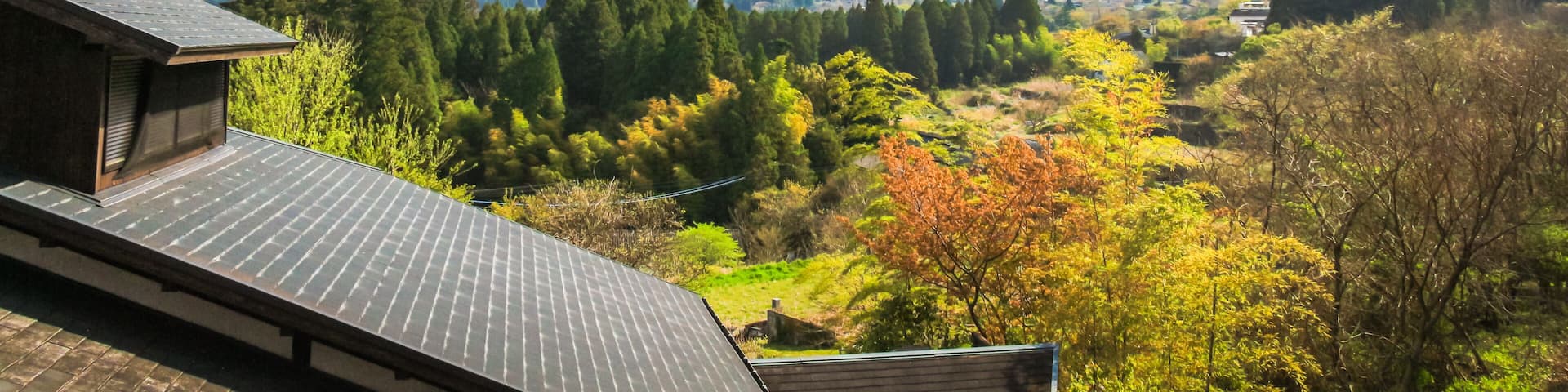 A mountain range with a prominent peak, a valley with autumn-colored trees, and a modern building with a sloped roof.