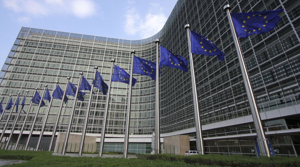 European flags in front of the European Commission headquarters in Brussels, Belgium