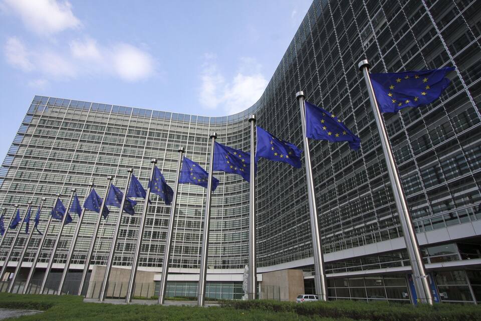 A modern glass building with multiple European Union flags in front.
