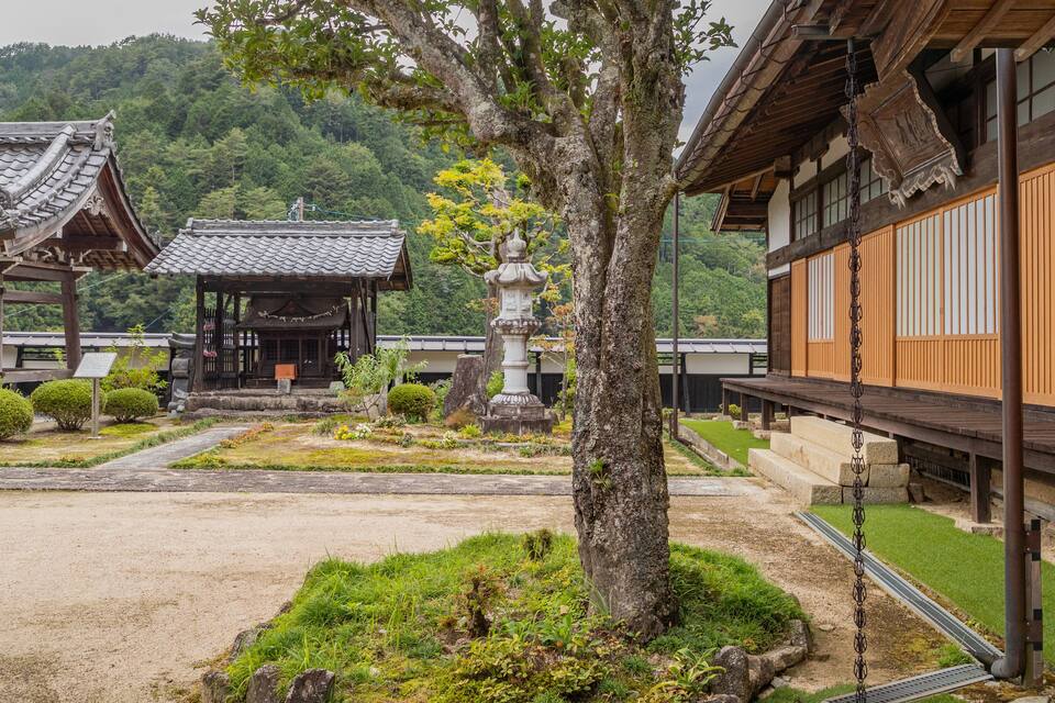 Un templo japonés tradicional con un farol de piedra, edificios de madera y un jardín bien cuidado.