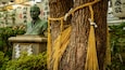 Un árbol con cuerdas de macramé y una estatua al fondo.
