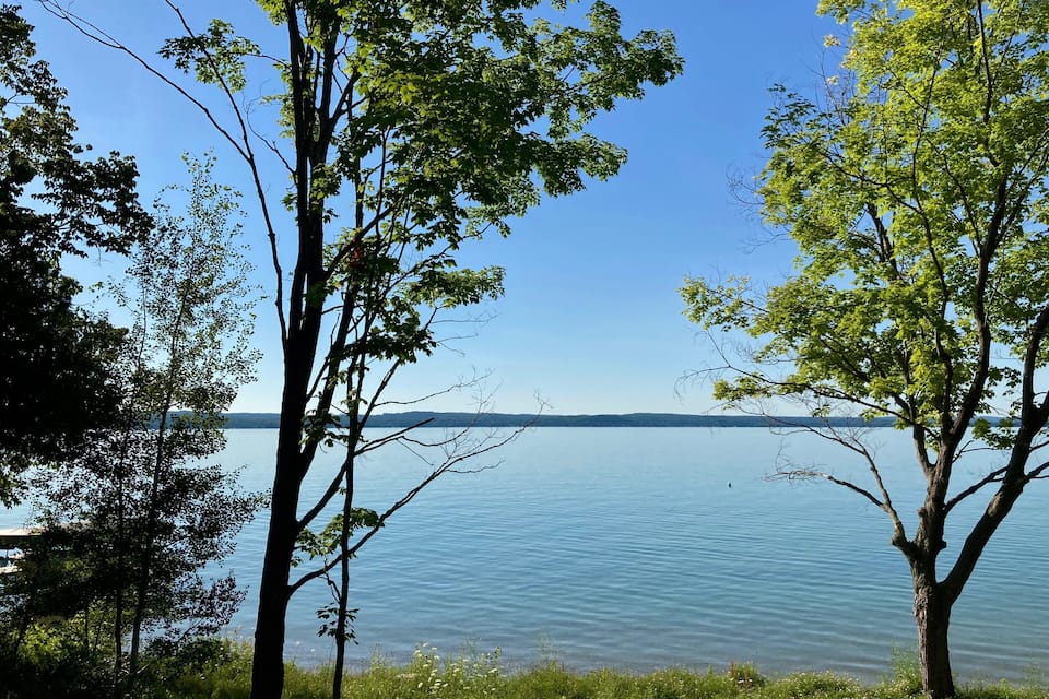A calm lake surrounded by trees and a clear blue sky.