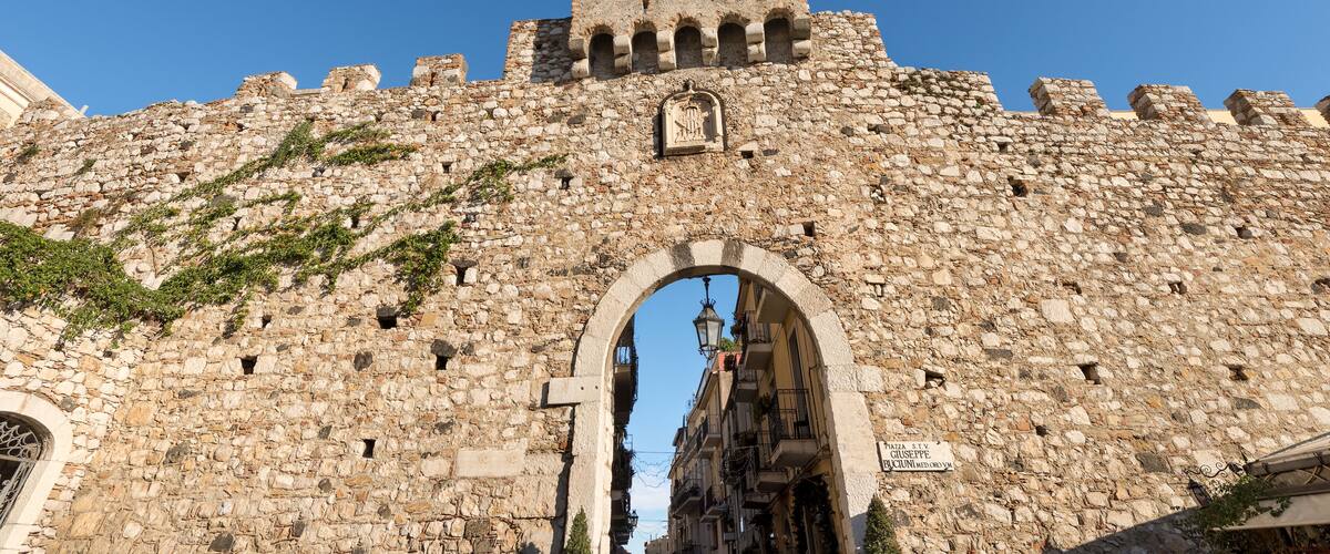 Catania Door (Porta Catania), old gateway in the Taormina town, Messina, Sicily island, Italy
