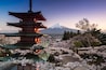 Beautiful view of Mountain Fuji and Chureito Pagoda with cherry blossom in spring, Fujiyoshida, Japan