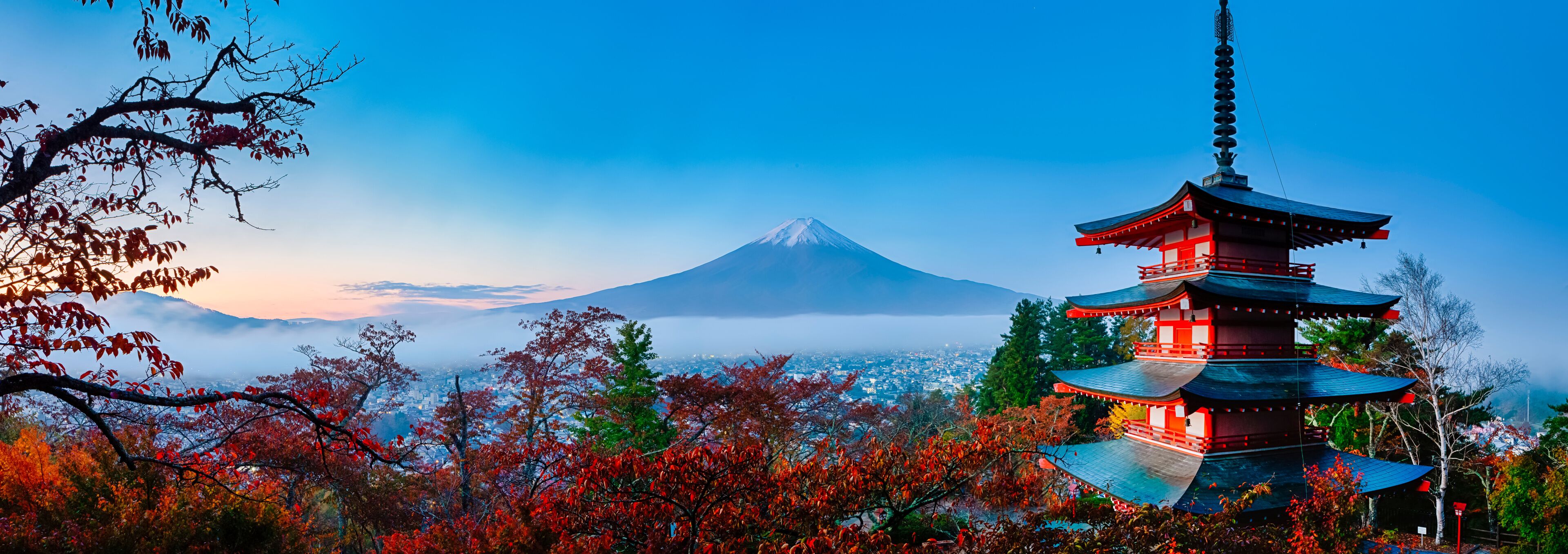 Asian Travel Destinations. Amazing Fuji Mountain With Chureito Pagoda During Fall Season in Fujiyoshida in Japan.