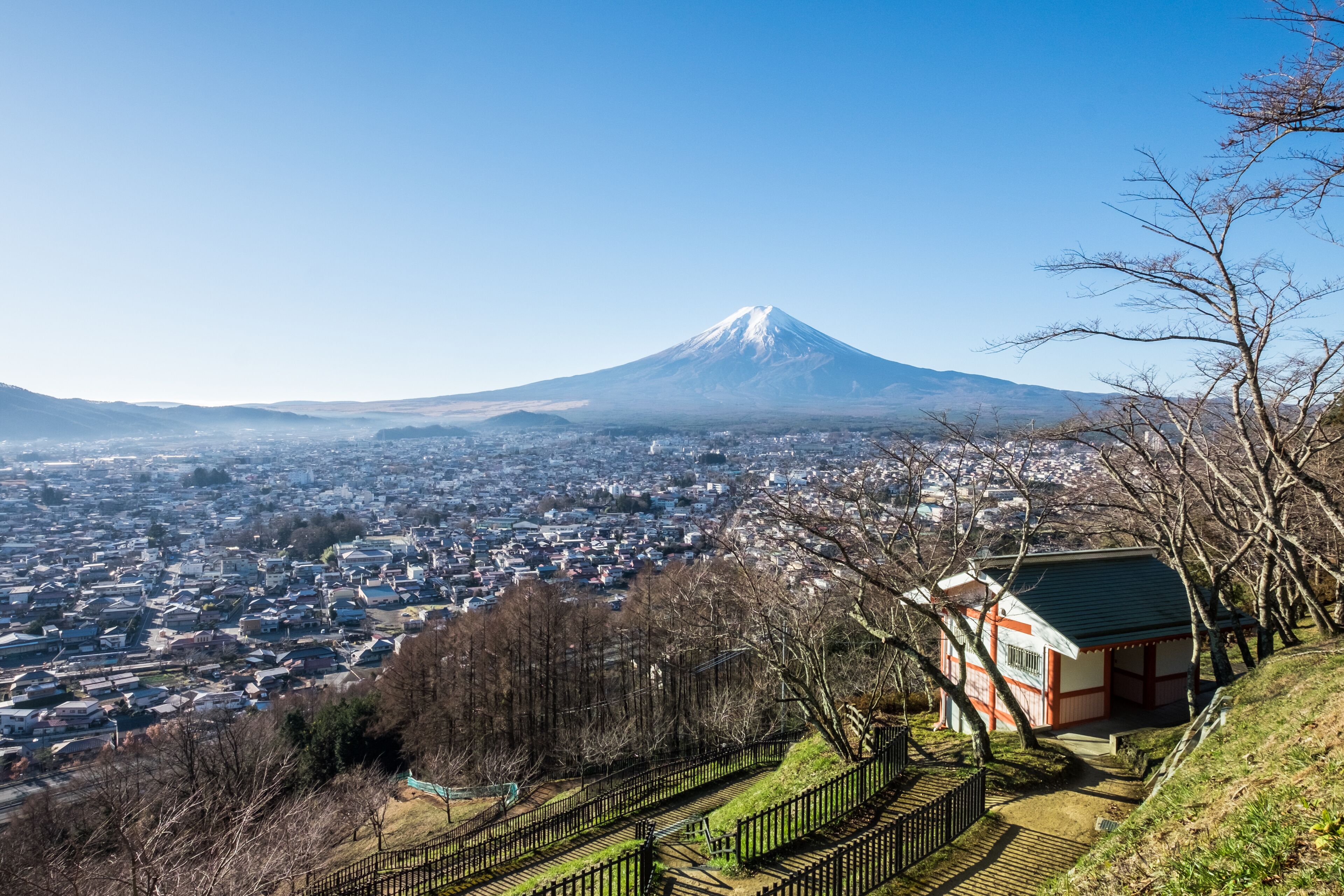 View of Mt.Fuji and Fujiyoshida City from the Chureito Pagoda viewpoint, Japan
