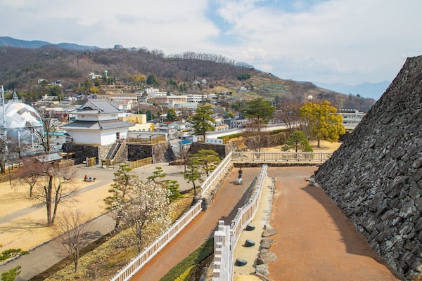 A traditional Japanese town with a stone wall, a large white building with a dome, and a river.