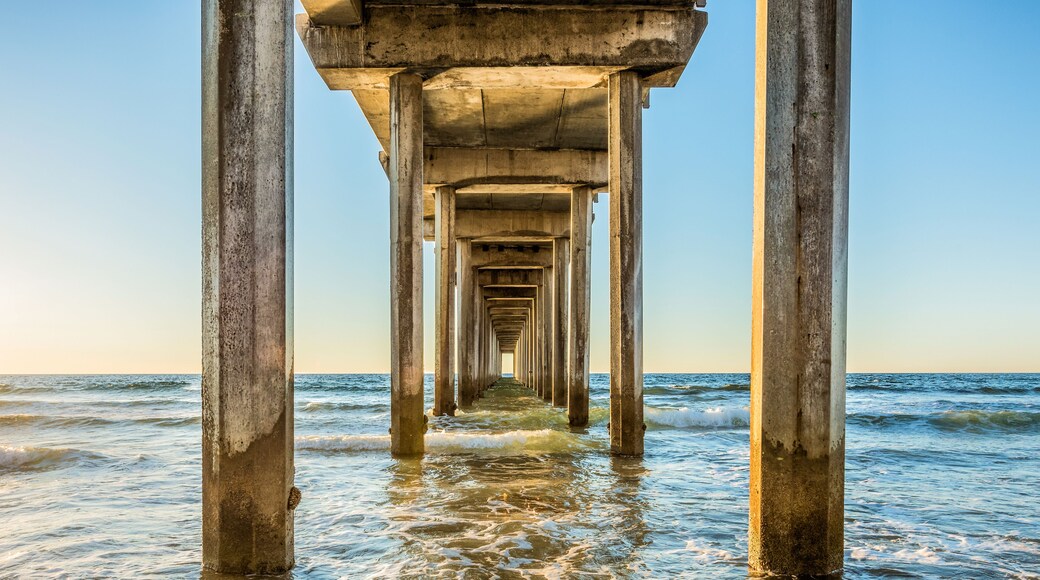 Symmetrical shot under Scripps Pier with poles, pillars, sunny sunlight, sun, blue sky, waves during golden sunset in La Jolla, San Diego, California