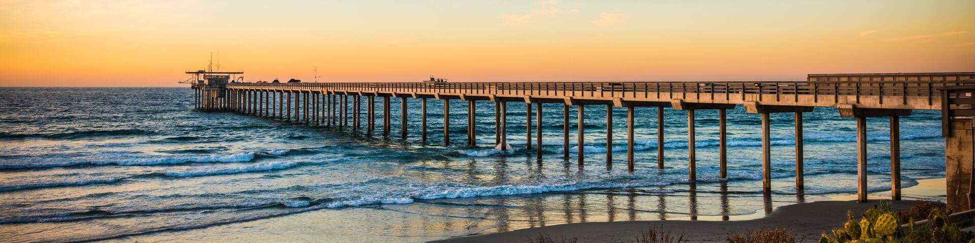 A pier extending into the ocean at sunset with cacti in the foreground.