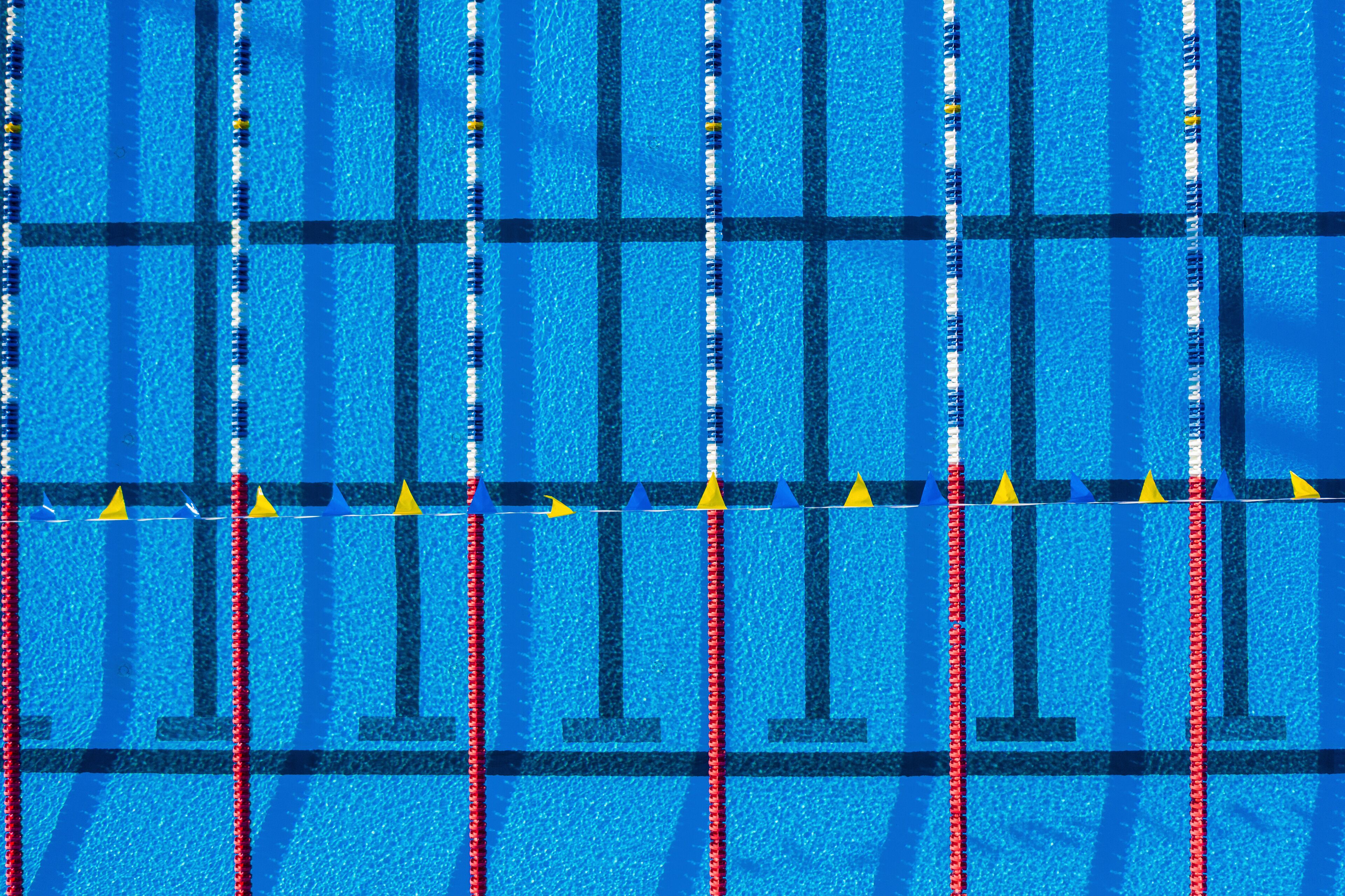 Aerial view of an olympic swimming pool at North County Aquatic Center, Sebastian, Florida, United States.