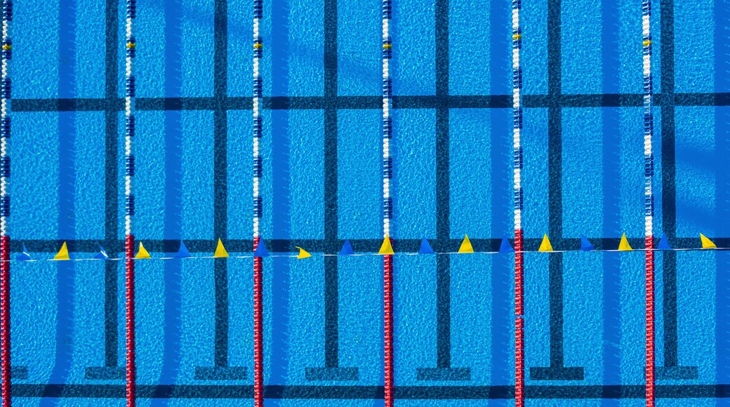 Aerial view of an olympic swimming pool at North County Aquatic Center, Sebastian, Florida, United States.