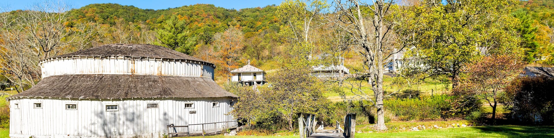 Warm Springs historic town and old run-down closed Jefferson Pools octagon architecture building in Virginia Bath County countryside in mountains