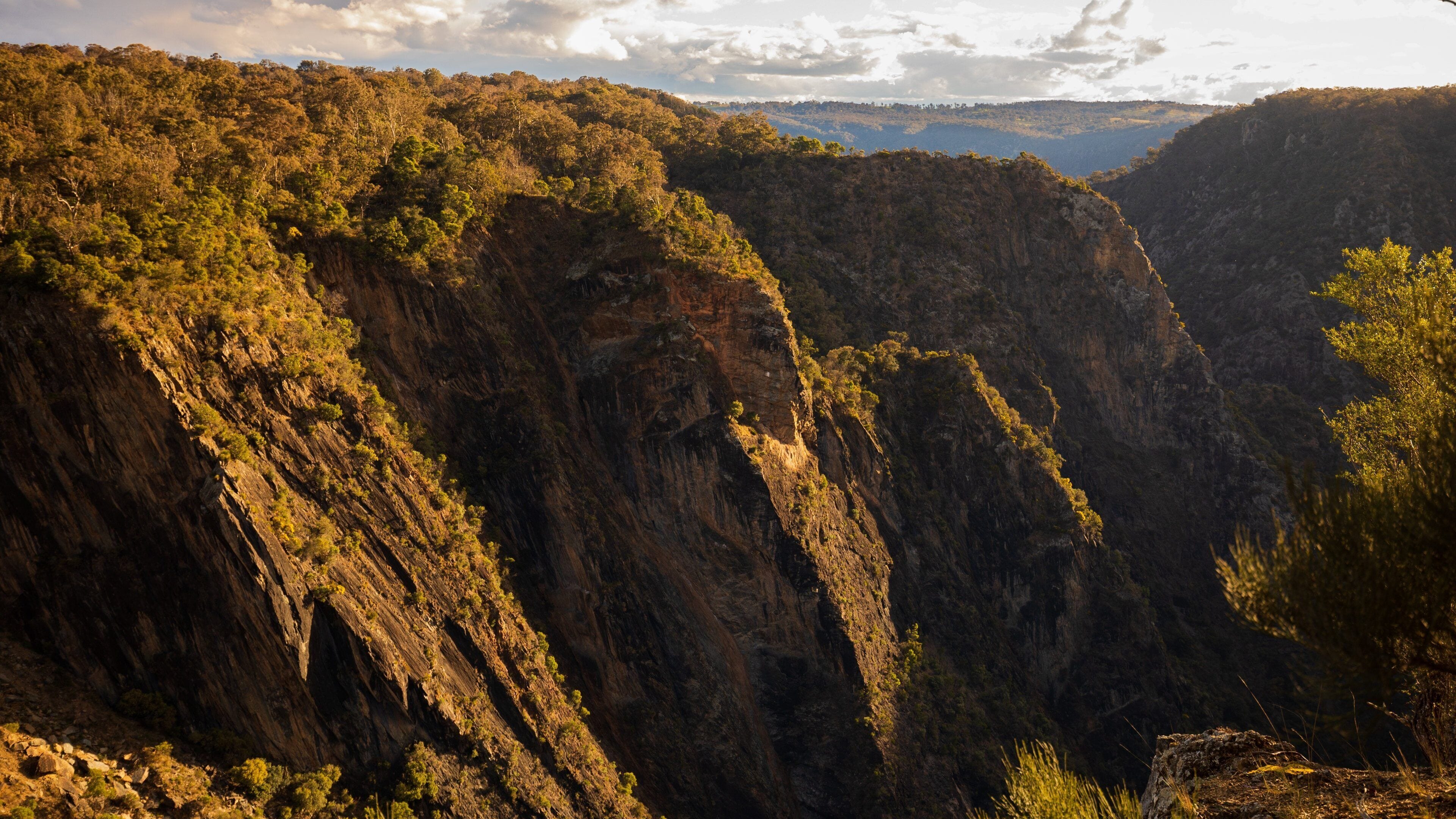 A canyon with steep cliffs and sparse vegetation.