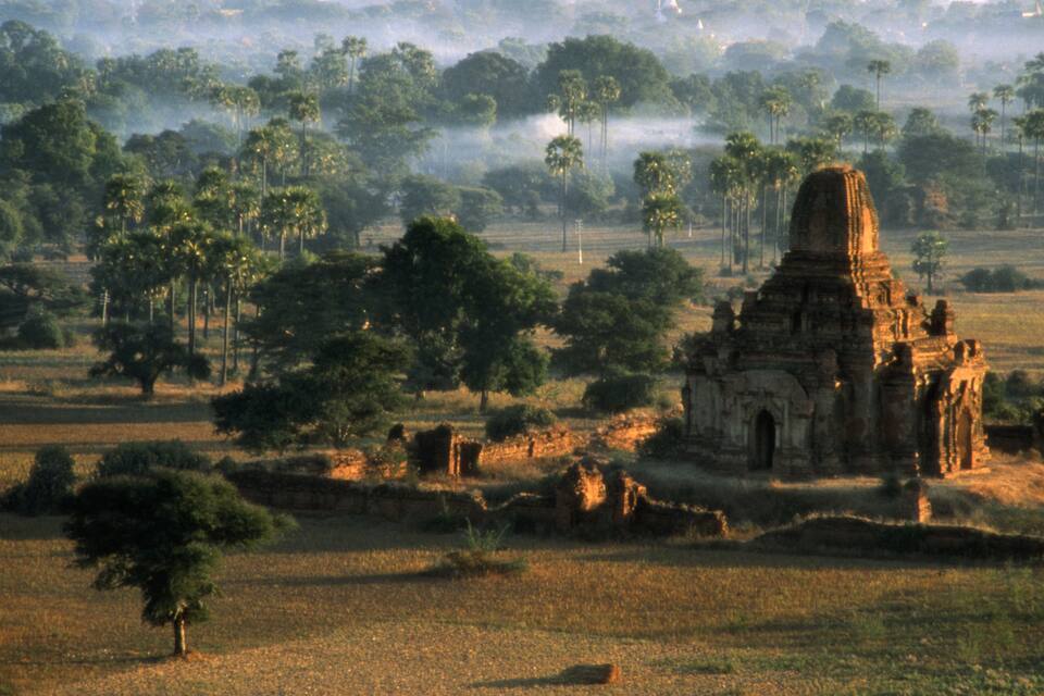A temple surrounded by trees and fields.