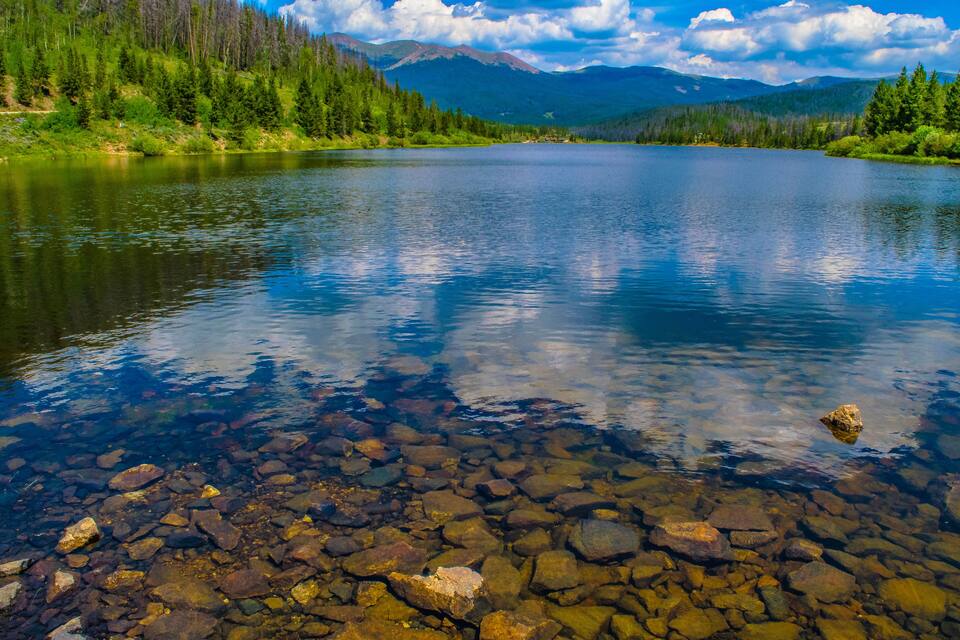 A clear lake with visible rocks at the shore, surrounded by forested mountains.