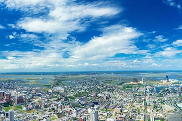AERIAL VIEW OF ATLANTIC CITY BOARDWALK AND STEEL PIER. NEW JERSEY. USA.