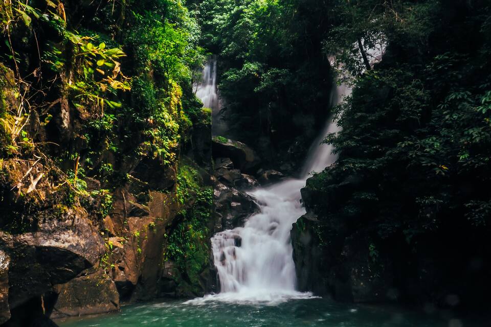 Una cascada envoltada d'una vegetació verda abundant i un terreny rocos.